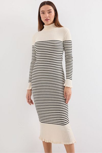 Bigdart 15893 Model Rochie Tricotaj Lungă în dungi Ecru