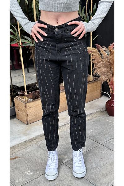 ayakuydur Women's Black Trousers with Stone Embroidery
