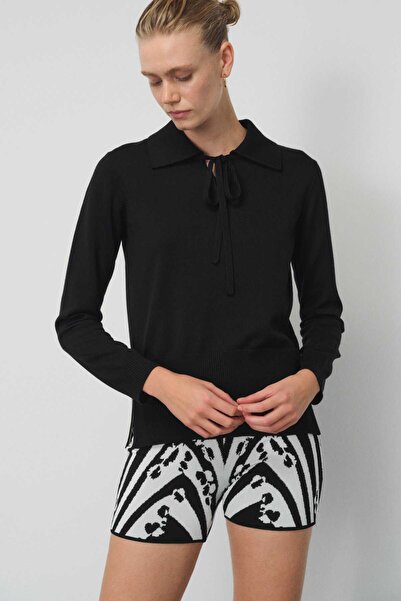 Mısırlı Polo Neck Black Women's Sweater - Front Tie