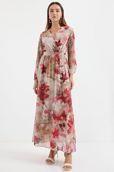 Bigdart 2134 Model Beige Chiffon Dress - Patterned