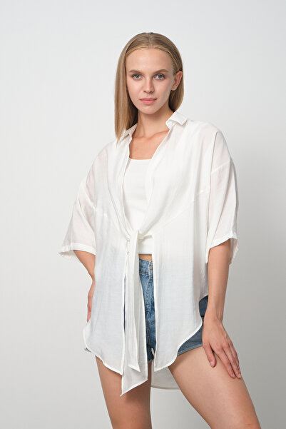 PERA MODA Cardigan lung de cămașă subțire de vară kimono - model cu cravată în față