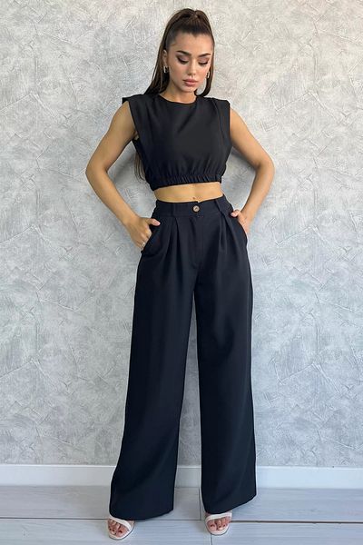 GÜLSELİ Black Women's Crop Blouse Trousers Double Set