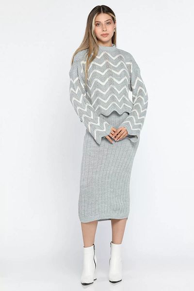 GÜLSELİ Gray Patterned Blouse Dress Combination Knitwear Double Set