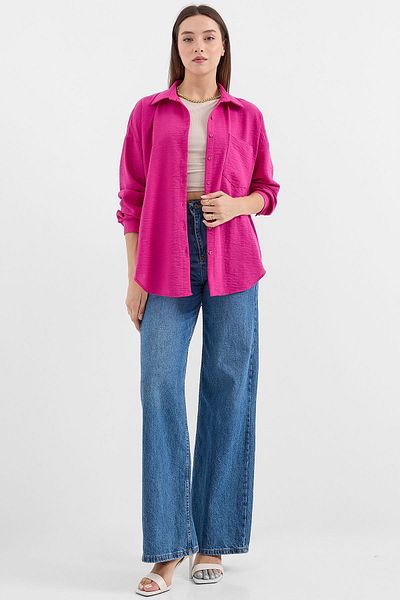 Bigdart 20153 Dark Pink Single Pocket Oversize Linen Shirt