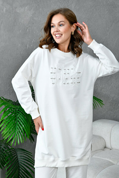 MVStore طقم سويت شيرت نسائي منقوش ومطرز بالأحجار بتفاصيل كبيرة الحجم