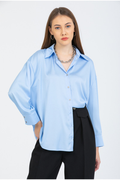 PERA MODA Kadın Salaş Oversize Kesim İpek Saten Gömlek