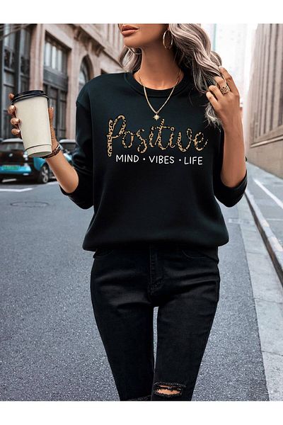 mercoledi Hanorac oversize pentru femei, negru, cu decolteu rotund, cu imprimeu