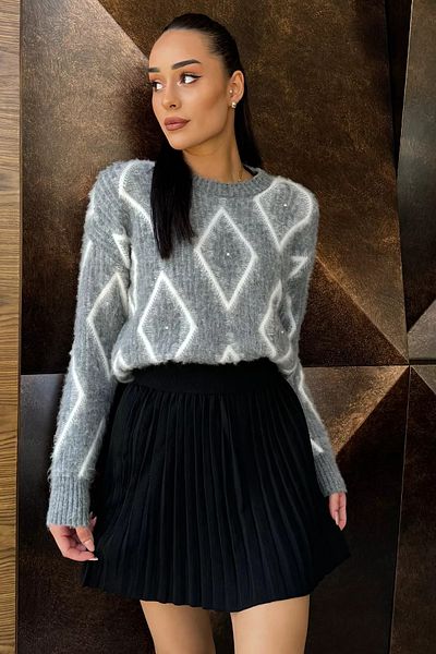 GÜLSELİ Pulover de damă gri, cu model, brodat cu piatră