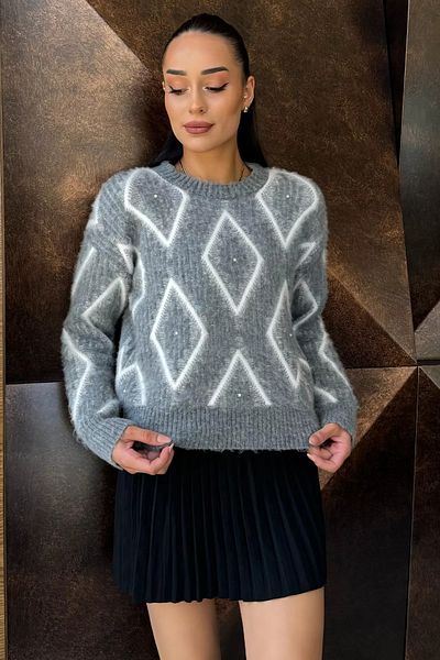 GÜLSELİ Pulover de damă gri, cu model, brodat cu piatră