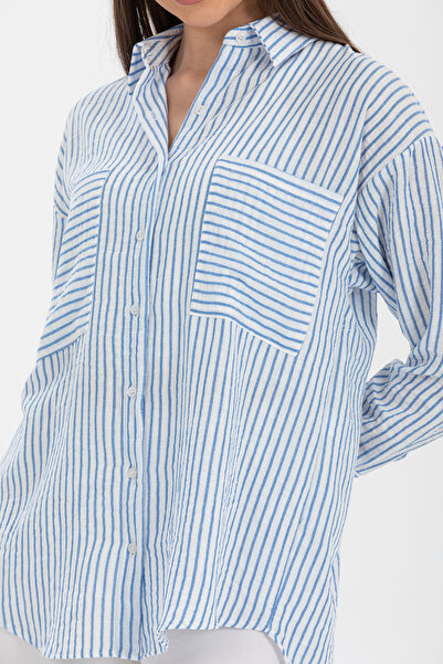 PERA MODA Πουκάμισο με διπλή τσέπη μακριά πίσω και κοντό μπροστά Luna λινό ριγέ υπερμεγέθη πουκάμισο