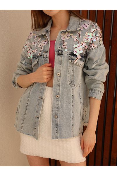 msendam Jachetă de blugi din denim, cu mâneci lungi, cu mâneci lungi, brodate cu paiete florale