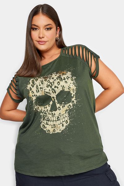 Stil Diva Large Size Sleeve Detailed Skull Printed Crew Neck T-Shirt 321124