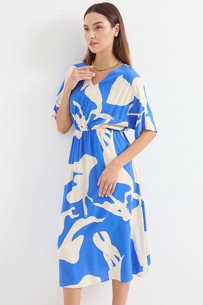 Bigdart Model 2511 - Niebieska wzorzysta sukienka z elastyczną talią