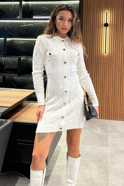 GÜLSELİ Κρεμ γυναικείο πλεκτό φόρεμα με σχέδια