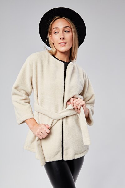 NEVEGE BUTİK PALTOANĂ DE PLUȘ CU CENTURĂ PENTRU FEMEI - ecru