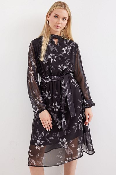 Bigdart 2459 Model Rochie din tul cu model negru - Căptușită