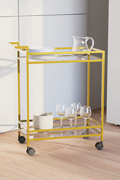 DEKOPRATİK Vorteks Çok Amaçlı Tekerlekli Yan Sehpa Sunum Servis Arabası Gold