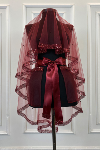 ZEYMERADE طقم حجاب زفاف بالترتر واللؤلؤ باللون العنابي، حجاب ليلة الحناء، حجا...