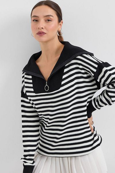 Bigdart 15886 Pulover lung cu dungi cu gât polo negru