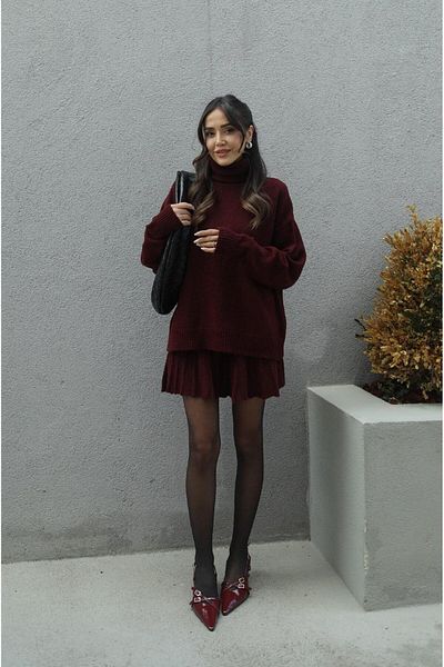 ZF BUTİK Burgundy Pleated Mini Skirt Fisherman Sweater Bottom Top Knitwear Set