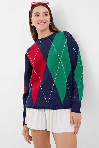 Bigdart 15887 Model Patterned Oversize Knitwear Sweater - Dark Blue