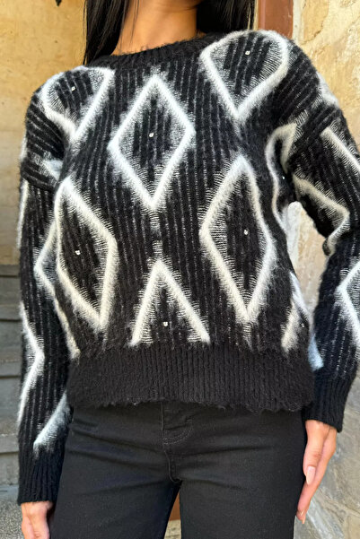 GÜLSELİ Pulover de damă negru cu model din piatră brodat