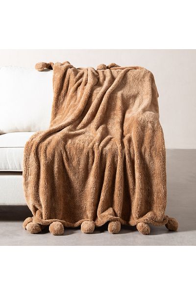 Mudo Home Beige Colored Pompom Above Knee Blanket - 130x160