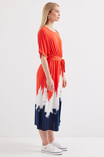 Bigdart 2504 Model Red Patterned Viscose Short Sleeve Dress