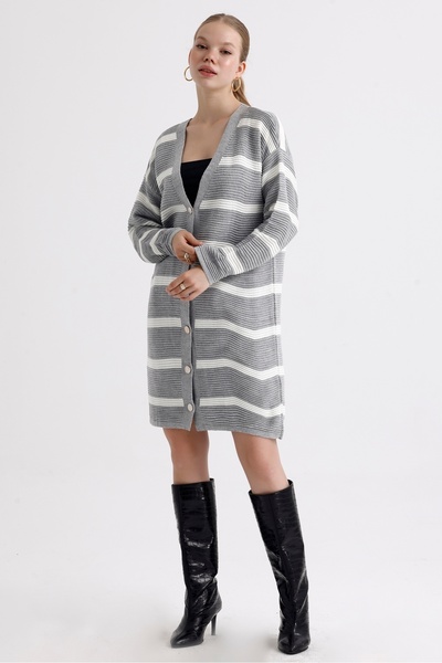 MD trend Women's Buttoned Self Patterned Long Oversize Striped Knitwear Cardigan