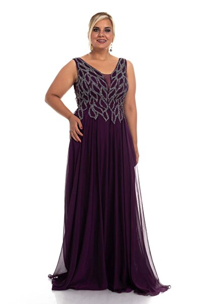 JUZENNA 20191 Büyük Beden Suyolu Taş Baskılı Saten Uzun Elbise