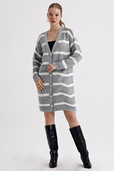 MD trend Women's Buttoned Self Patterned Long Oversize Striped Knitwear Cardigan