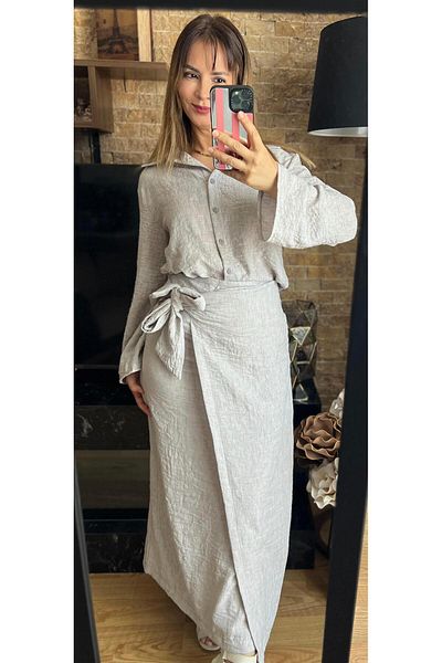 Cardella Linen Hijab Double Set - Skirt and Shirt with Tie Detail