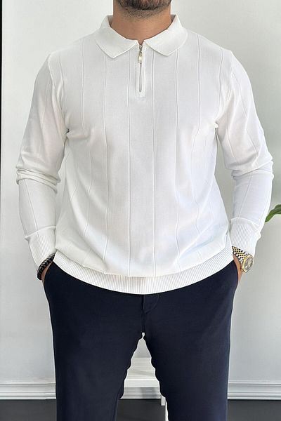 Edwox Men's Half Zipper Polo Collar Seasonal Sweater White Edw195