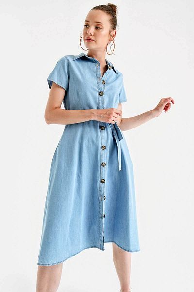 Bigdart 1677 Buttoned Waist Belt Denim Dress - Blue
