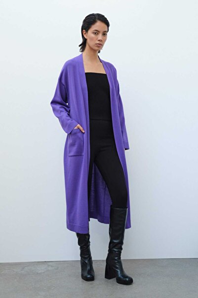 Mısırlı Mor Belden Bağlamalı Uzun Kadın Hırka