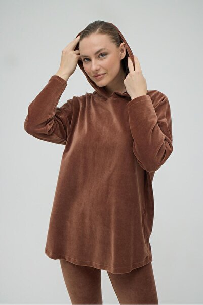 GİZZEY Σκούρο καφέ με κουκούλα μακρυμάνικη βελούδινη φόρμα - C0T2N0O12