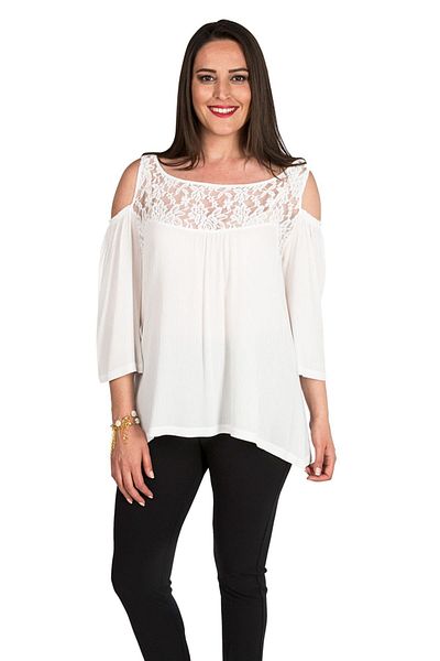 Zer Otantik Shoulder Detail Lace Plus Size Blouse Ecru