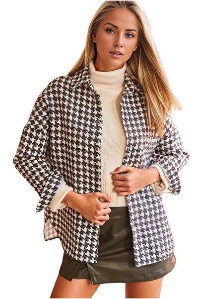 Cassime Kadın Cepli Yanı Oval Yarasa Oversize Şanel Ceket Gömlek Siyah Kazayağı