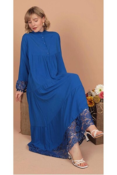 UYSAL Φόρεμα με λεπτομέρεια από ύφασμα βισκόζης μπλε κοβαλτίου