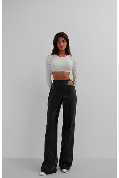 Black Fashion Black Leather Trousers with Window Detail Belt