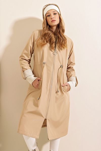 Bigdart 9091 Trenchcoat mit geraffter Taille und Kapuze – Beige