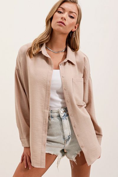 Bigdart 20153 Oversize-Leinenhemd mit einer Tasche – Beige