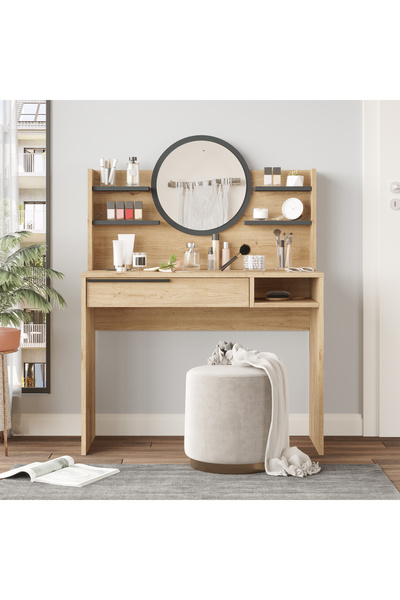 Yurudesign Ocean Makyaj Masası Aynalı Raflı Çekmeceli Sepet-antrasit On28-sa