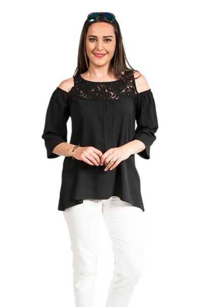 Zer Otantik Блузка з мереживом на плечах, великий розмір, чорна