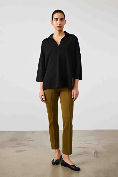 Mısırlı Short Leg Khaki Women's Trousers - Ribbed Stitching