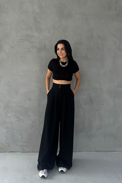 Seda Yalçın Atelier Black Double Buttoned Palazzo Trousers with Pleat Detail on the Front