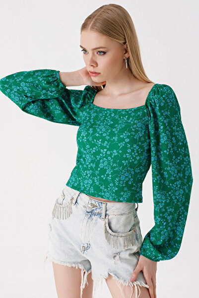 Bigdart 0465 Balloon Sleeve Knitted Blouse - Green