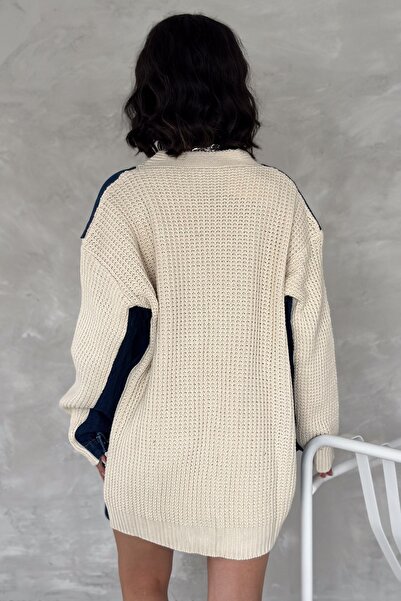 FEMELLE Beige Oversize Knitwear Cardigan - Denim Pocket Detail and Snap Buttons