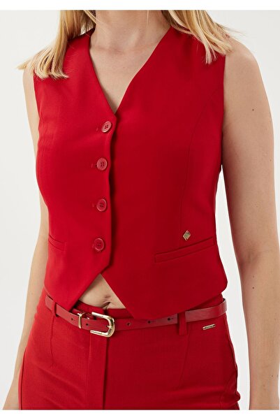 blouzella V-neck Stylish Red Vest - Belt Detail and Woven