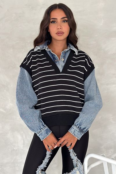 FEMELLE Hanorac de damă cu nasturi negri, cu detaliu din denim, 100% bumbac
